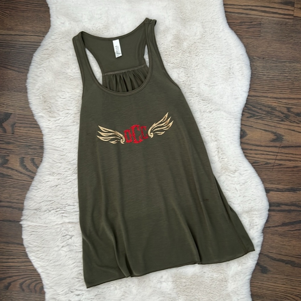 Orange County Choppers Olive Green Tank Top, Gold n Red Glitter Logo, size XS